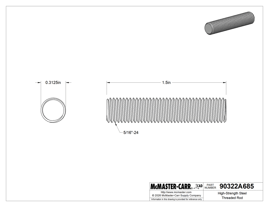 Technical Drawing of High-Strength Steel Threaded Rod, 5/16"-24 Thread Size, 1-1/2" Long.
